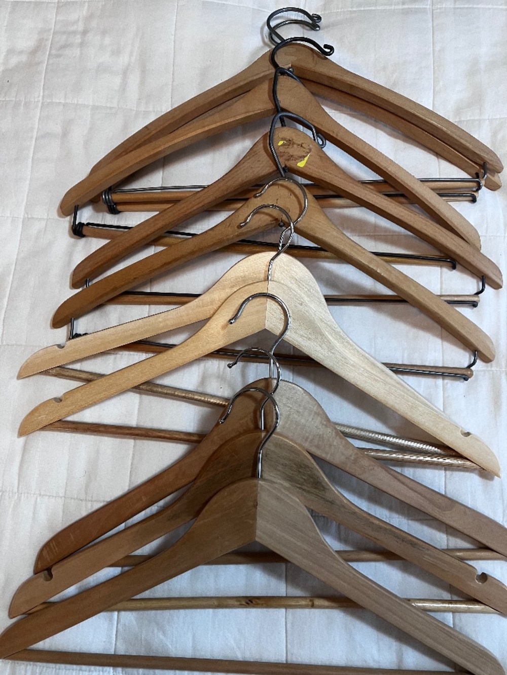 Ten Vintage Wood Hangers 18" Five w/pants clamps & Five w/pants w/pants overlay